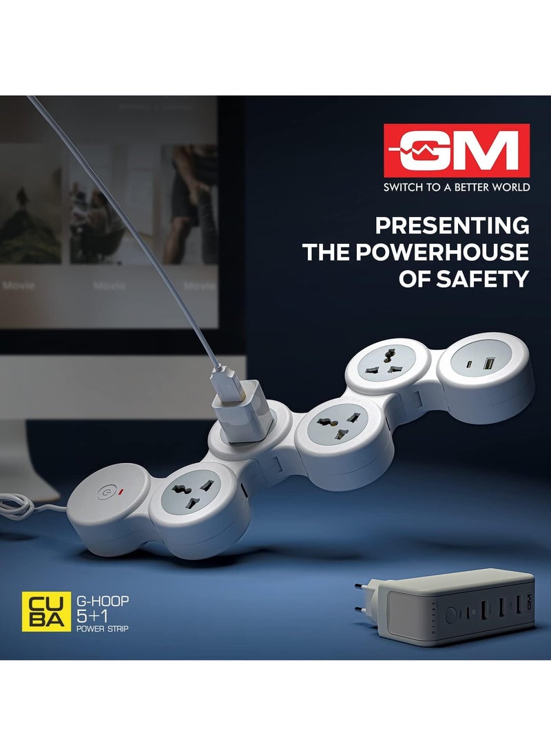 GM 5+1 G-Hoop Spike Guard with A & C Type USB-Master Switch,Indicator, Safety Shutter, 1.8 Mtr Wire with Overload Protection 4 International sockets & 2 USB Port 1 C Type 1 A Type 3.1A