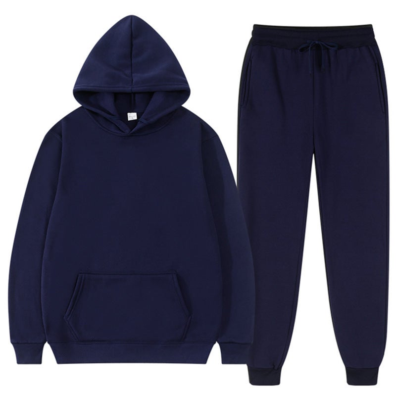 2023 spring and autumn cross-border mens and womens casual European size blank solid color suit fleece loose sweater sweatpants two-piece set batch Dark blue 