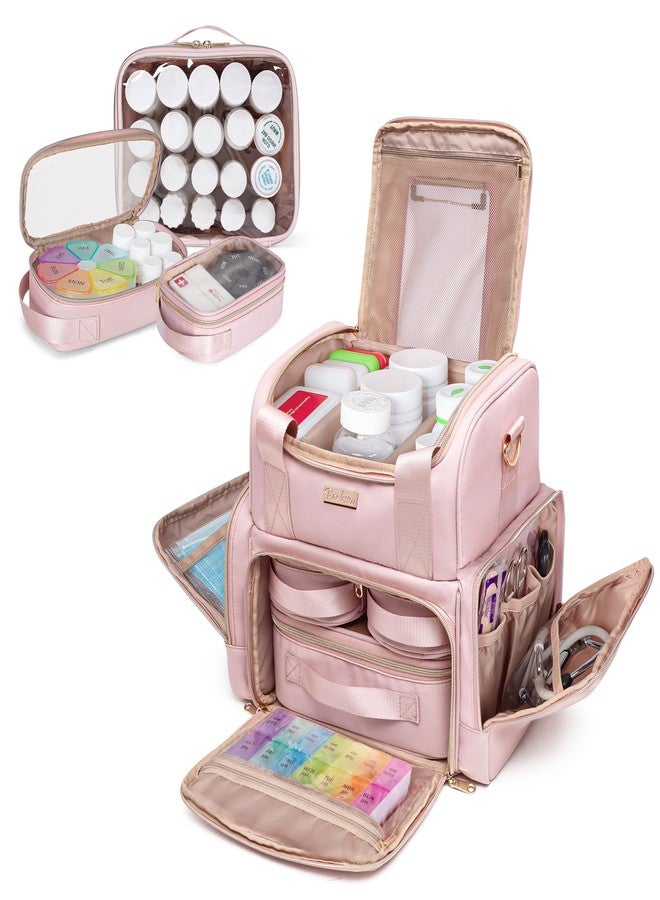 Prokva Large Medicine Organizer Bag, Pill Bottle Bag with 3 Portable Bags, Double-Layer Medication Case for Travel First Aid Home Storage, Pink(Empty Bag Only - Image 1