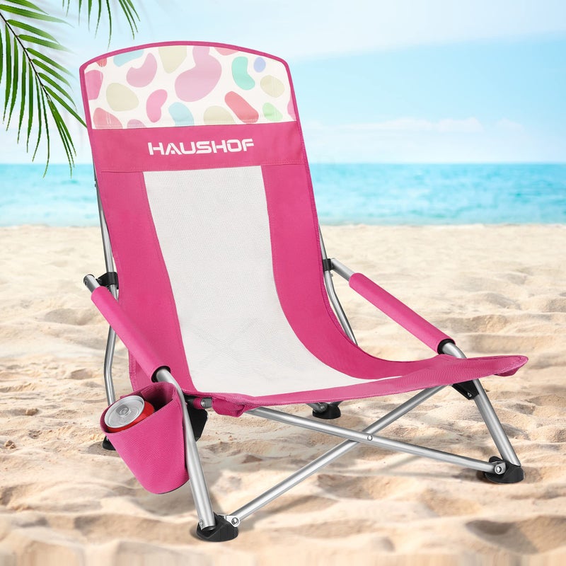 HAUSHOF High Back Beach Chair, Mesh Back Folding Chair, Lightweight Low Seat Camping Chairs with Cup Holder, Carry Bag, Padded Armrest for Outdoor Beach Lawn Camping Picnic Festival - Image 1