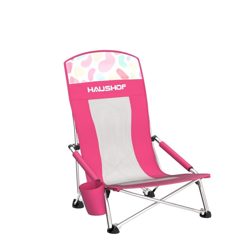HAUSHOF High Back Beach Chair, Mesh Back Folding Chair, Lightweight Low Seat Camping Chairs with Cup Holder, Carry Bag, Padded Armrest for Outdoor Beach Lawn Camping Picnic Festival - Image 4