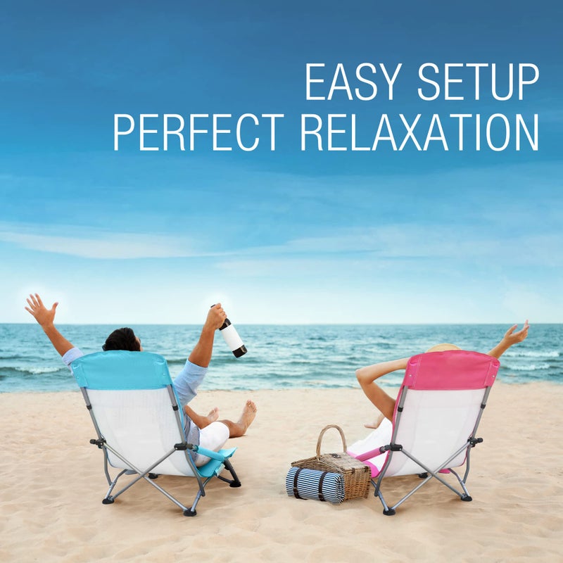 HAUSHOF High Back Beach Chair, Mesh Back Folding Chair, Lightweight Low Seat Camping Chairs with Cup Holder, Carry Bag, Padded Armrest for Outdoor Beach Lawn Camping Picnic Festival - Image 2