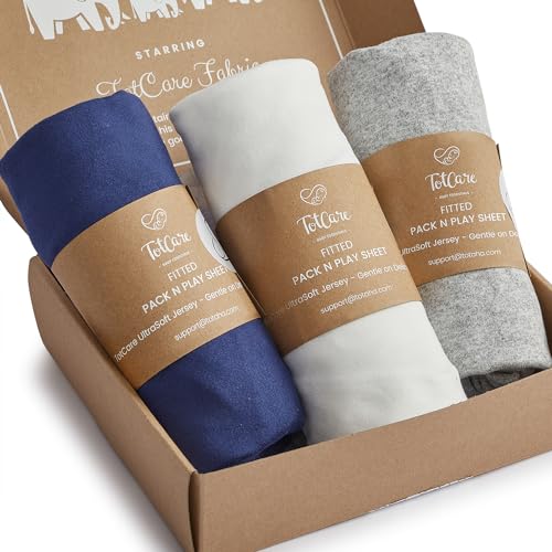 TOTCARE Pack and Play Sheets Fitted – Compatible with 4moms Breeze Plus Playard and Other Large Playpen Mattress – Buttery Soft Jersey Playard Sheets, Grey + Navy + Cloud, 3 Pack - Image 1