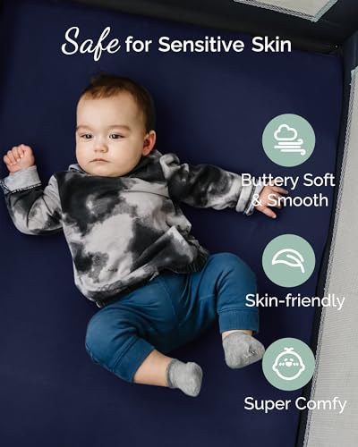 TOTCARE Pack and Play Sheets Fitted – Compatible with 4moms Breeze Plus Playard and Other Large Playpen Mattress – Buttery Soft Jersey Playard Sheets, Grey + Navy + Cloud, 3 Pack - Image 5