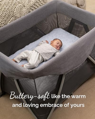 TOTCARE Pack and Play Sheets Fitted – Compatible with 4moms Breeze Plus Playard and Other Large Playpen Mattress – Buttery Soft Jersey Playard Sheets, Grey + Navy + Cloud, 3 Pack - Image 3