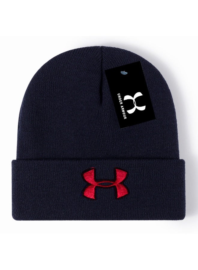 Under Armour Navy Ribbed Knit Beanie with Bold Red Logo Accent