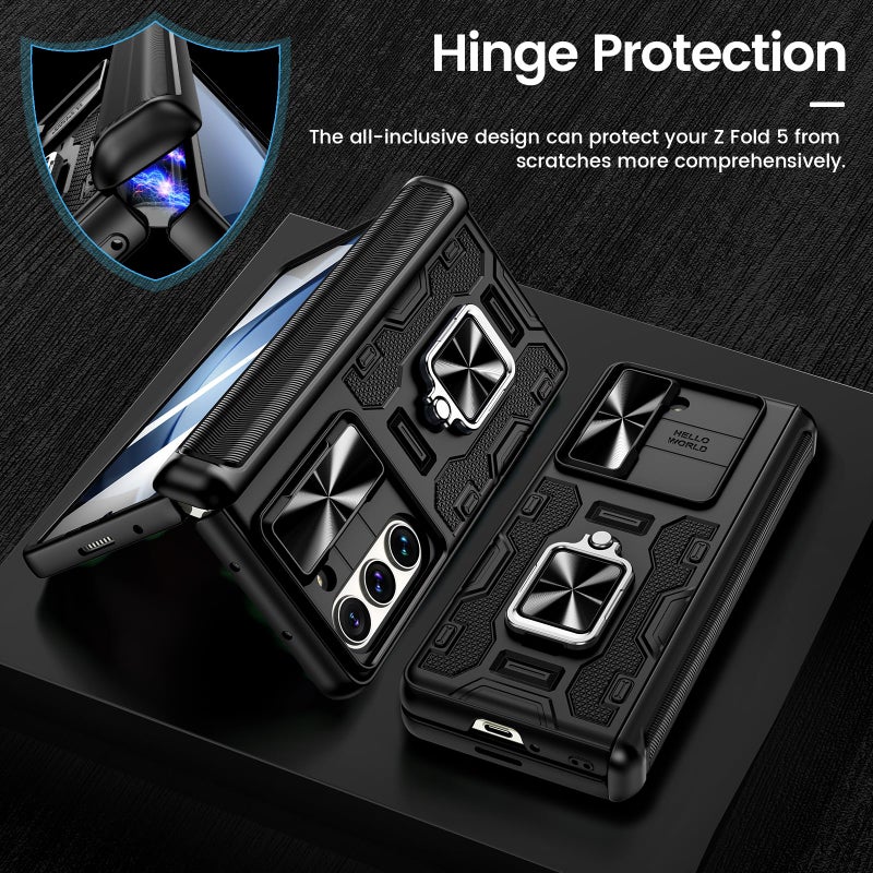VEGO for Galaxy Z Fold 5 Case with Belt Clip Holster, 360Â°Ring Magnetic Kickstand & Camera Cover & Front Screen Protector, Hinge Protection Shockproof Armor Cover - Black - Image 4