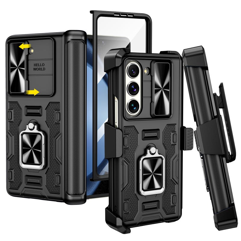 VEGO for Galaxy Z Fold 5 Case with Belt Clip Holster, 360Â°Ring Magnetic Kickstand & Camera Cover & Front Screen Protector, Hinge Protection Shockproof Armor Cover - Black - Image 1