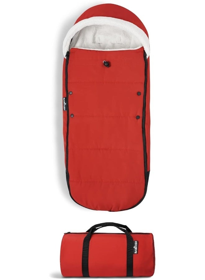 BABYZEN YOYO كيس القدم، أحمر - بطانة شيربا وقبعة فليس مع حبل شد للحفاظ على دفء الطفل - يتضمن حقيبة حمل - قابل للغسل في الغسالة - Image 1