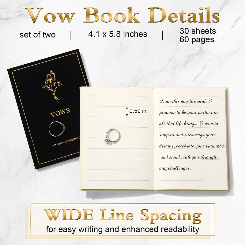 Engrowtic Set of 2 Wedding Vow Books His and Hers Vows on Our Wedding Day Notebooks with Gold Foil Fabric Cover 5.8"x 4.1" Bride and Groom Gift for Newly Engaged Couple, 60 Lined Pages (Black, White) - Image 2