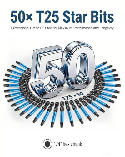 DCWecher 50-Pack T25 Torx Bits for Impact Driver, 2-In S2 Steel Magnetic Star Bits with 1/4” Hex Shank, Professional T 25 Torx Bit Set for Mechanics, DIY and Home Workshop - Image 2