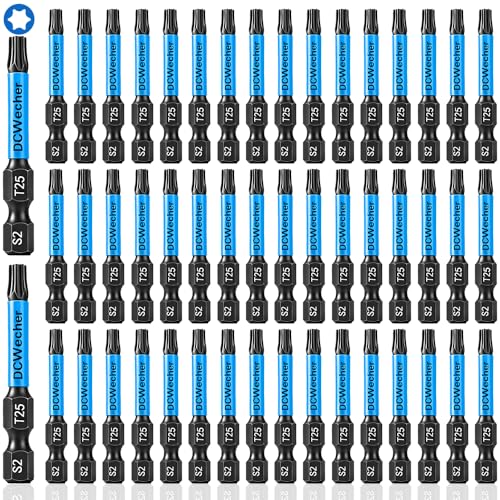 DCWecher 50-Pack T25 Torx Bits for Impact Driver, 2-In S2 Steel Magnetic Star Bits with 1/4” Hex Shank, Professional T 25 Torx Bit Set for Mechanics, DIY and Home Workshop - Image 1