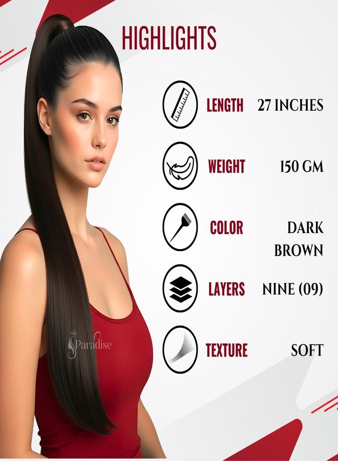 Paradise Paradise® 27 Inch Straight Wrap Around Ponytail Hair Extensions for Women & Girls Natural Looking Long Pony Tail Clip-in - Instant Volume & Length Dark Brown - Image 3
