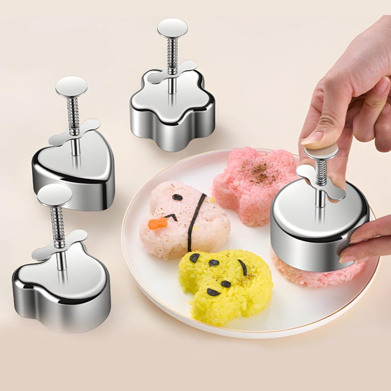 Stainless Steel Rice Ball Molds 4 Pack with Bear Flower Heart Round Shapes for Kids Meals - Image 4