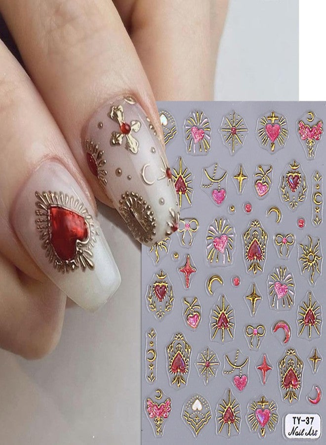 Charmark 5Sheet Nail Art Stickers Decals 3D Retro Heart Bow Sun Moon Star Rhinestone Nail Stickers for Nail Art Gold Silver Nail Design Kit Nail Accessories Self-Adhesive DIY Acrylic Manicure Nail Art Supplies - Image 2