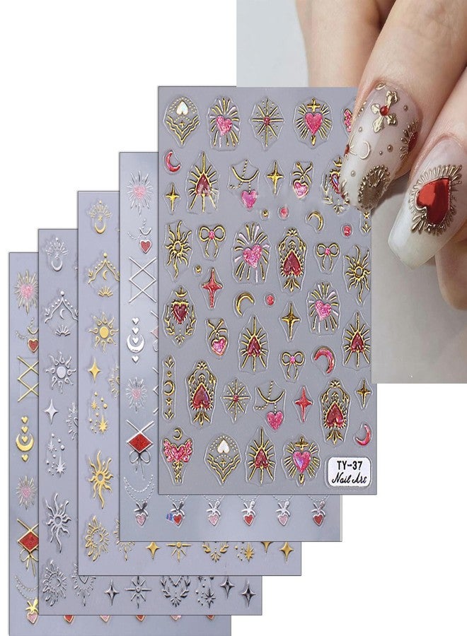 Charmark 5Sheet Nail Art Stickers Decals 3D Retro Heart Bow Sun Moon Star Rhinestone Nail Stickers for Nail Art Gold Silver Nail Design Kit Nail Accessories Self-Adhesive DIY Acrylic Manicure Nail Art Supplies - Image 1
