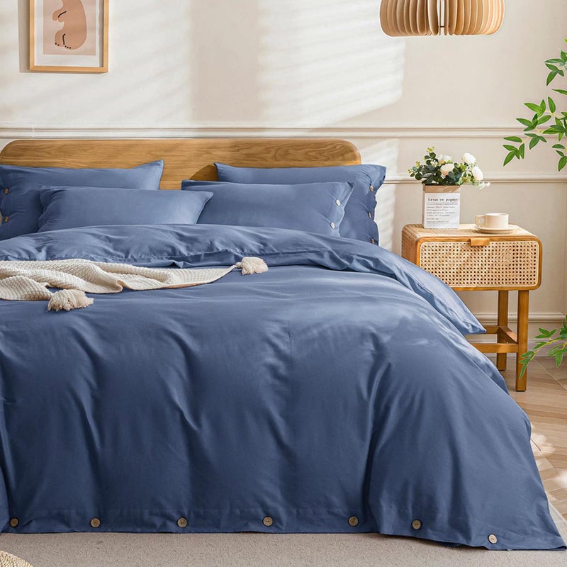 JELLYMONI Cotton Duvet Cover Queen Size - Blue Comforter Cover with Button 100% Washed Cotton 3PCS Breathable Soft Solid Bedding Set Duvet Cover 90Ã—90in & 2 Pillowcases (NO Comforter) - Image 1