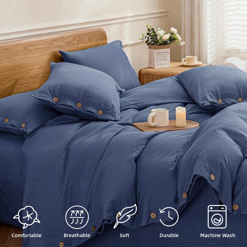 JELLYMONI Cotton Duvet Cover Queen Size - Blue Comforter Cover with Button 100% Washed Cotton 3PCS Breathable Soft Solid Bedding Set Duvet Cover 90Ã—90in & 2 Pillowcases (NO Comforter) - Image 4