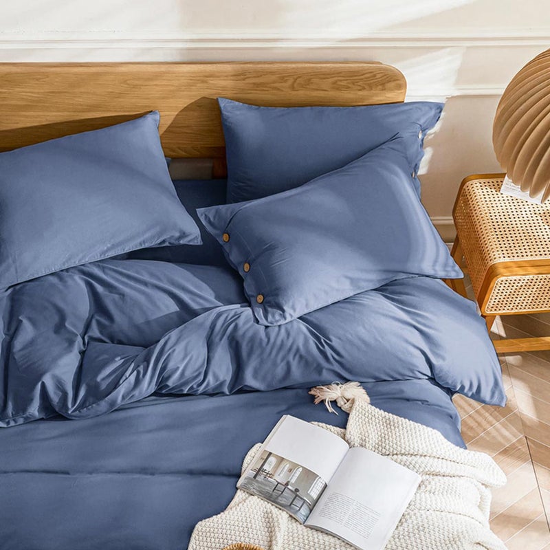 JELLYMONI Cotton Duvet Cover Queen Size - Blue Comforter Cover with Button 100% Washed Cotton 3PCS Breathable Soft Solid Bedding Set Duvet Cover 90Ã—90in & 2 Pillowcases (NO Comforter) - Image 2