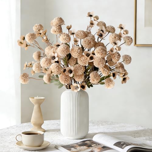Cherica 12 Pcs Fake Flowers Beige Artificial Mums Faux Pompon Kiku Mums Artificial Flowers with Long Stems Floral Arrangement Silk Dried Flowers Home Decor Fall Decorations For Home Vase FillerNo Vase - Image 3