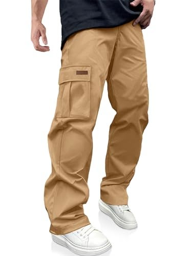 PLEPAN Men's Casual Cargo Pants Drawstring Hiking Pants Workout Tactical Joggers Sweatpants for Men Khaki Large - Image 1