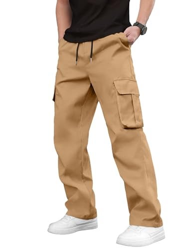 PLEPAN Men's Casual Cargo Pants Drawstring Hiking Pants Workout Tactical Joggers Sweatpants for Men Khaki Large - Image 2
