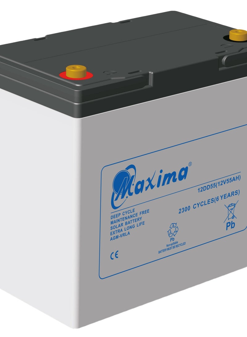 Maxima Solar AGM Battery 55Ah, AGM Battery 55Ah, Rechargeable Battery, Maintenance Free With High Performance AGM Technology, 12V/55Ah Deep Cycle AGM Battery