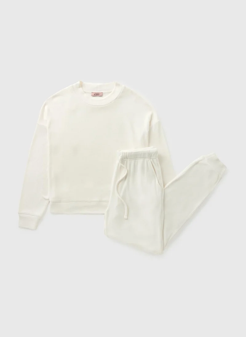 ماتلان Cream Ribbed Sweatshirt Cuffed Pyjama Set