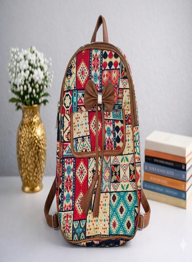 NPRC Multicolour Bohemian Patchwork Print Backpack with Bow Detail, Faux Leather Trim, Casual Daypack for Women - Image 3
