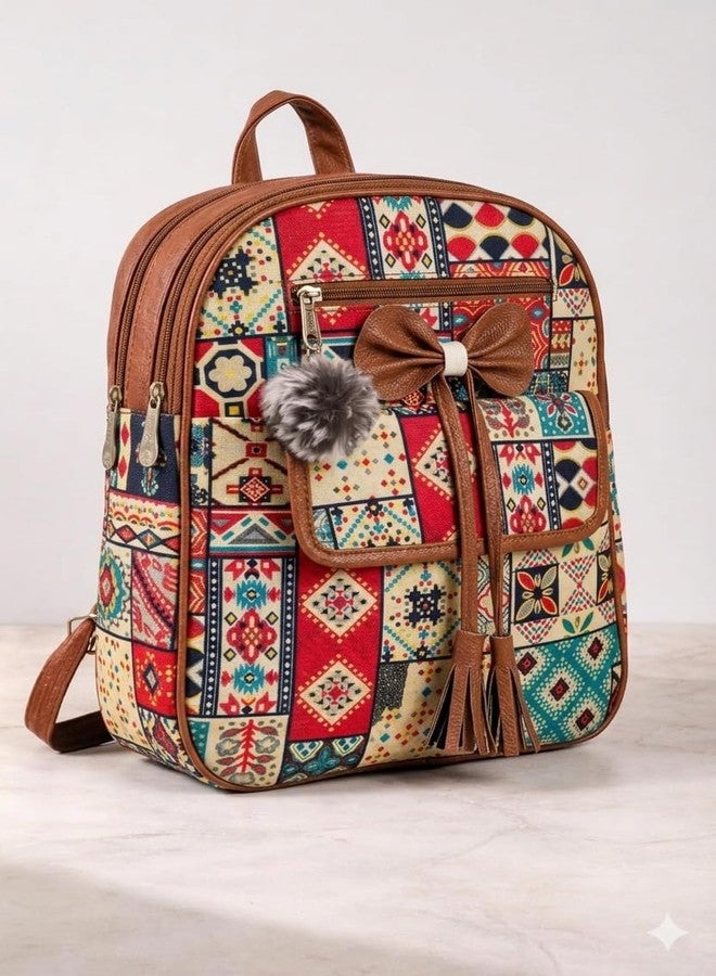 NPRC Multicolour Bohemian Patchwork Print Backpack with Bow Detail, Faux Leather Trim, Casual Daypack for Women - Image 4