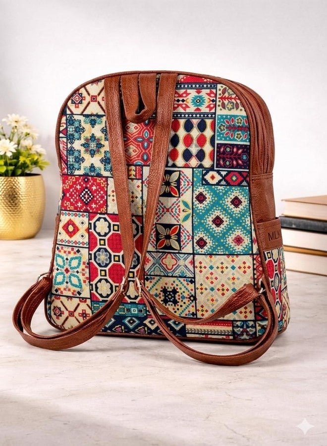 NPRC Multicolour Bohemian Patchwork Print Backpack with Bow Detail, Faux Leather Trim, Casual Daypack for Women - Image 5