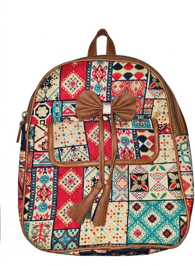 NPRC Multicolour Bohemian Patchwork Print Backpack with Bow Detail, Faux Leather Trim, Casual Daypack for Women - Image 2
