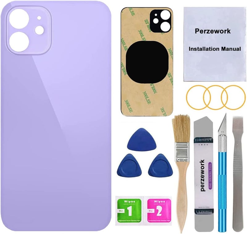 Perzework استبدال زجاج خلفي أصلي لجهاز آيفون 12 ميني 5.4 بوصة (أرجواني) مع مجموعة أدوات الإصلاح - Image 1