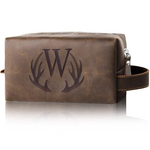 Aganmi Personalized Travel Toiletry Bag for Men Initial Letter PU Leather Waterproof Shaving Bag for Toiletries Accessories Travel Essentials Storage Bags Fathers Day Birthday Gifts for Men (W) - Image 1