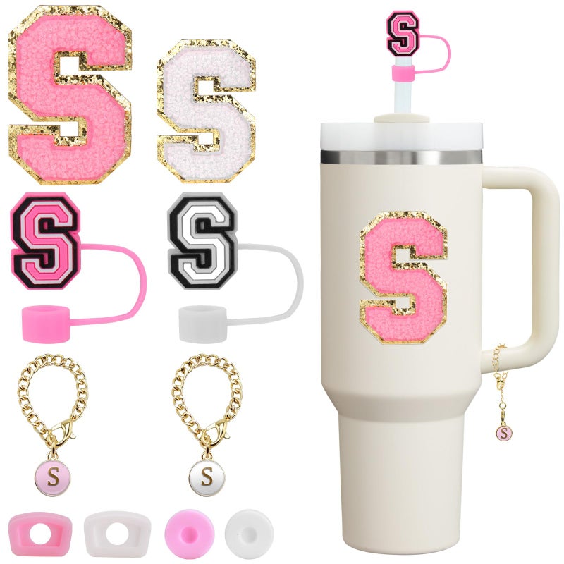 Mity rain 10pcs Set Designed for Stanley Cup Accessories - Including Straw Cover Cap, Letter Charm, Letter Stickers, Tumbler Spill Proof Stoppers for Stanley 40oz/ 30oz Pink Decorations (S) - Image 1