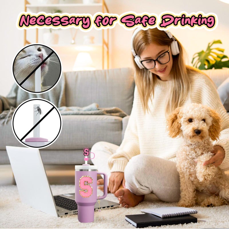 Mity rain 10pcs Set Designed for Stanley Cup Accessories - Including Straw Cover Cap, Letter Charm, Letter Stickers, Tumbler Spill Proof Stoppers for Stanley 40oz/ 30oz Pink Decorations (S) - Image 4