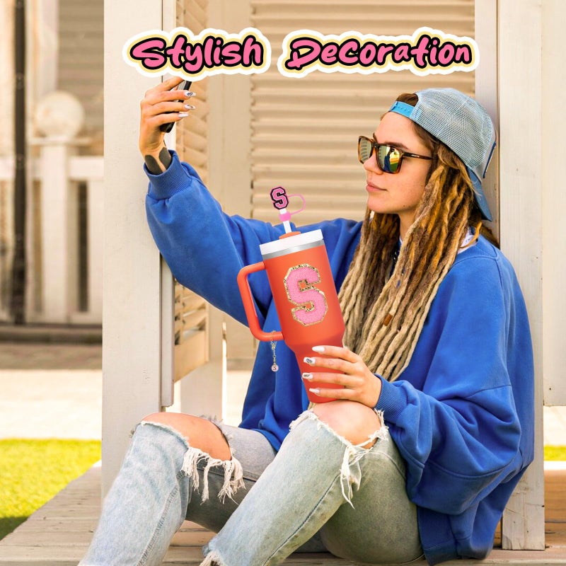 Mity rain 10pcs Set Designed for Stanley Cup Accessories - Including Straw Cover Cap, Letter Charm, Letter Stickers, Tumbler Spill Proof Stoppers for Stanley 40oz/ 30oz Pink Decorations (S) - Image 3