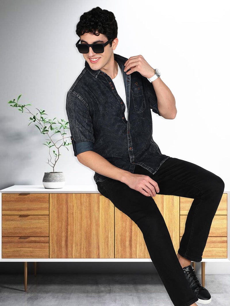 Kuons Avenue Men's Denim Casual Shirt | Men Denim Shirt (KACLFS1427D-M_Black Cloud_Medium) - Image 3
