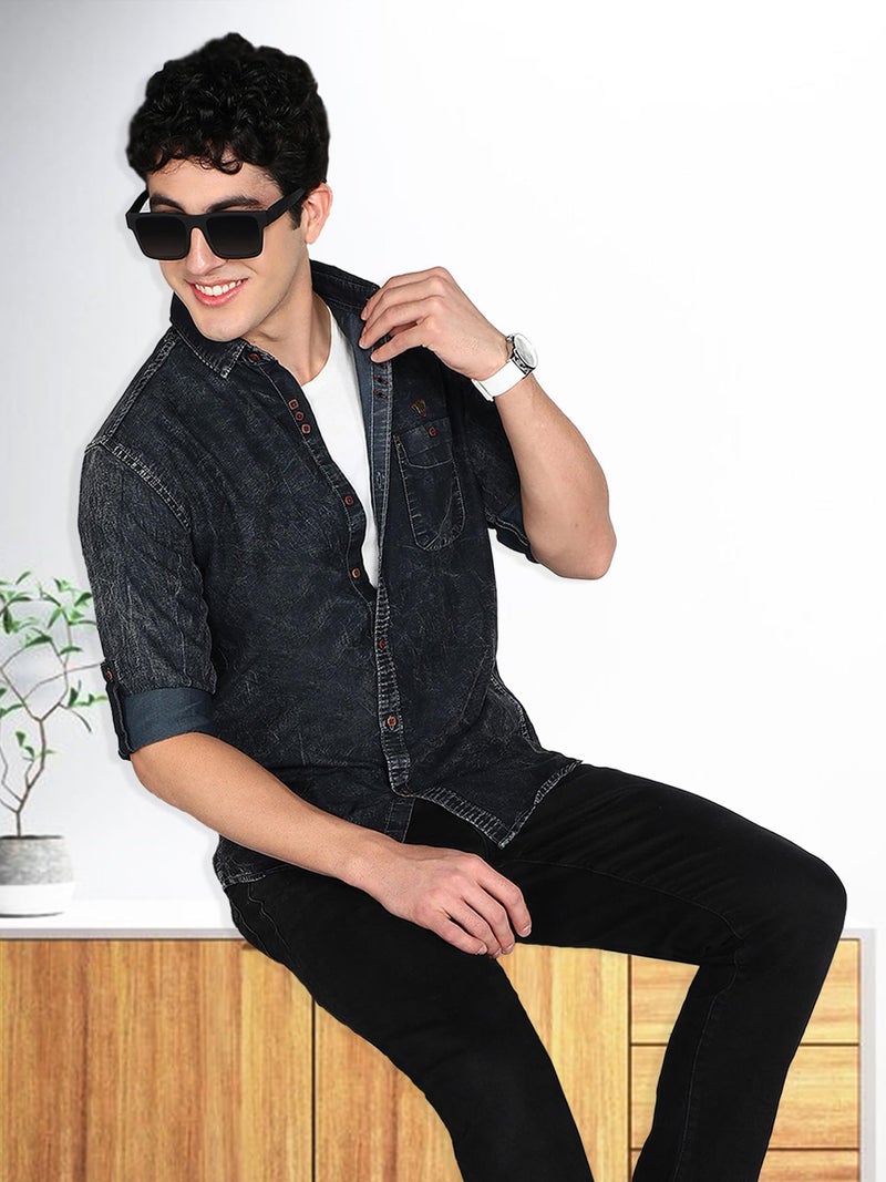 Kuons Avenue Men's Denim Casual Shirt | Men Denim Shirt (KACLFS1427D-M_Black Cloud_Medium) - Image 4