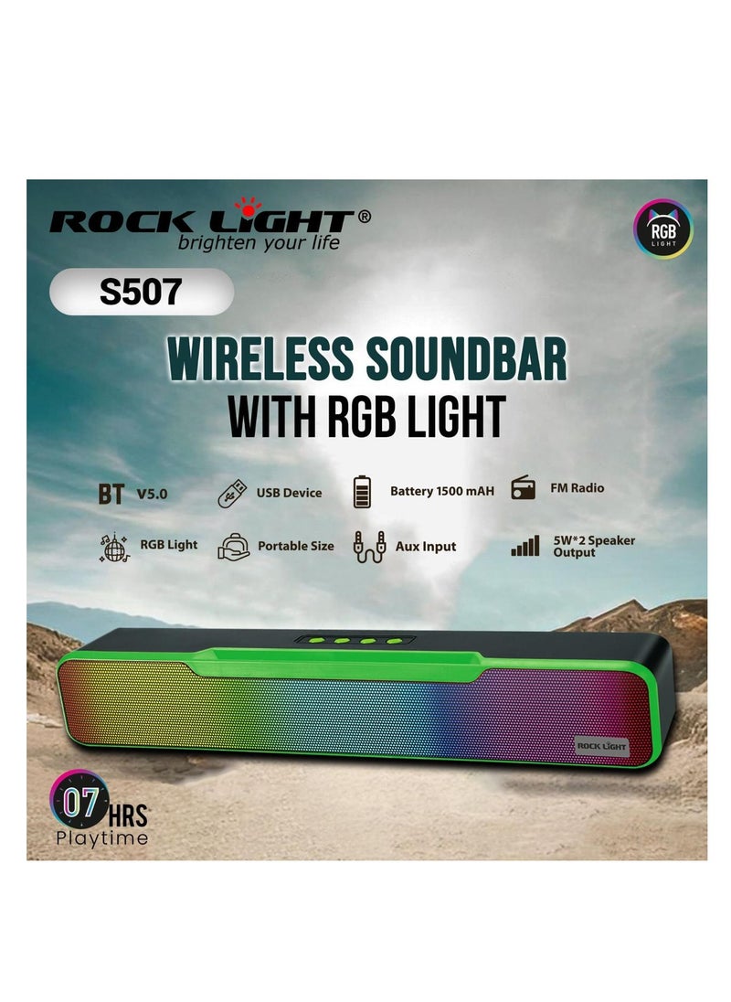 ROCK LIGHT - Wireless Soundbar with RGB Light RL-S507 Featuring BT V5.0, USB Support, 1500 Mah Big Battery, FM Radio and 5W X 2 Output Speaker - Image 1