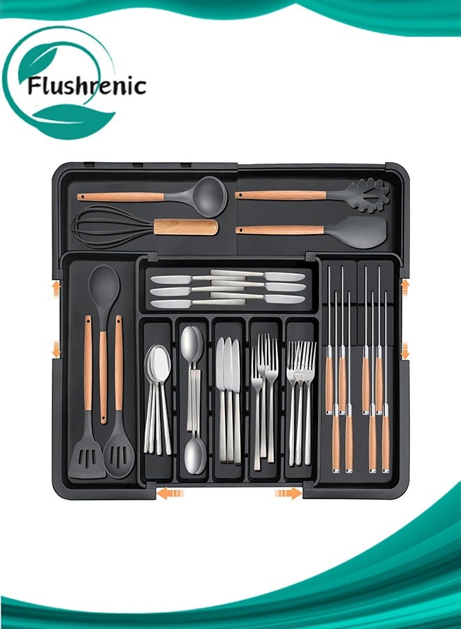 Flushrenic Silverware Organizer - Expandable Large Kitchen Drawer Organizer Utensil Organizer with Removable Knife Blocks, 22"x 19"Cutlery Tray Drawer Dividers for Kitchen Flatware(6-9 Slots) (Black) - Image 1