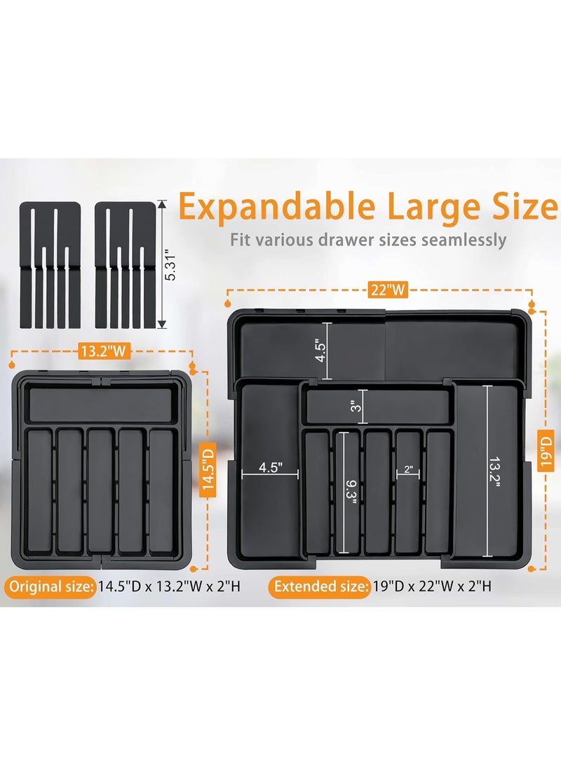 Flushrenic Silverware Organizer - Expandable Large Kitchen Drawer Organizer Utensil Organizer with Removable Knife Blocks, 22"x 19"Cutlery Tray Drawer Dividers for Kitchen Flatware(6-9 Slots) (Black) - Image 2