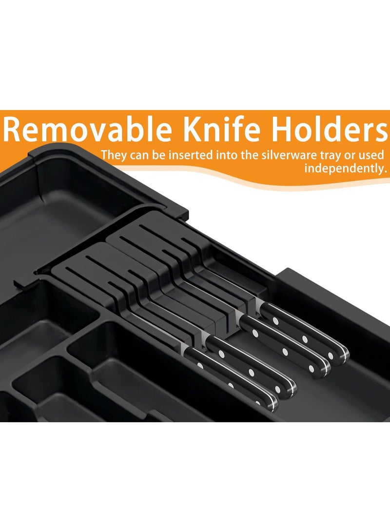 Flushrenic Silverware Organizer - Expandable Large Kitchen Drawer Organizer Utensil Organizer with Removable Knife Blocks, 22"x 19"Cutlery Tray Drawer Dividers for Kitchen Flatware(6-9 Slots) (Black) - Image 3