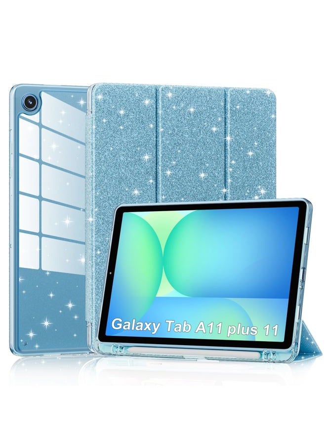 Lainergie Case for Samsung Galaxy Tab A11+/A9+ Plus 11 Inch 2026/2023, Cute Glittering Sparkly Shockproof Cover with Sparkly Crystal Clear Back and Pencil Holder for Galaxy Tab A11+/A9+, Blue - Image 1