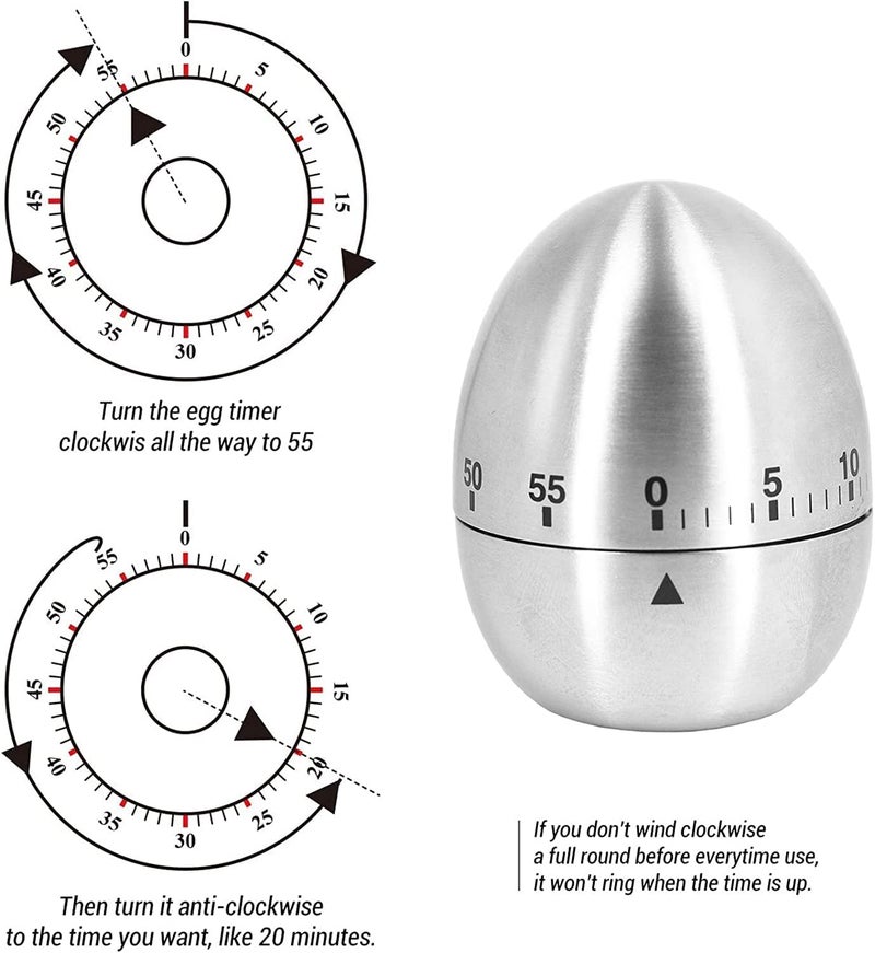 MBUYS MALL Egg Shape Timer Wind up Timer Kitchen Timer Cooking Timer Reminder Timer Mechanical Reminder Cute Timer Mechanical Rotating Alarm with 60 Minutes for Cooking Silver - Image 5