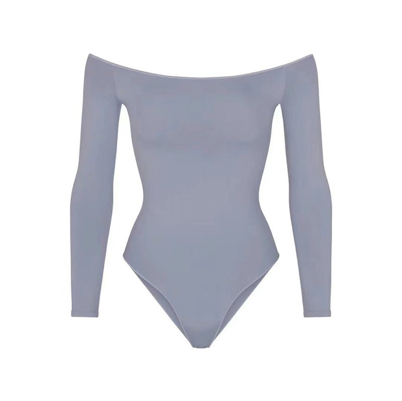 Kardashian same style flat shoulder long sleeve tight shaping jumpsuit off-shoulder sheath bottoming shirt Gray blue (in stock)