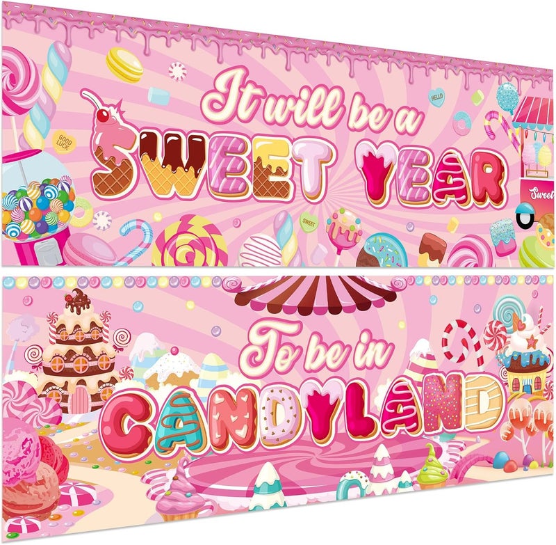 Containlol 2 Pcs Candyland Classroom Decorations Candy Banners Poster Sweet Candy Banner Bulletin Board Decor for Ice Cream Sweet Birthday Party Christmas Halloween Candyland Decorations Supplies - Image 1