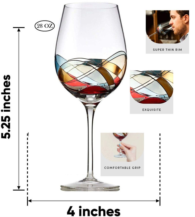 Bezrat Red Wine Glasses Set Of 2  Hand Painted Wine Glass  Drinkware Essentials  11"" H  28Oz Wine Lover Large Glass  Glassware Gifts Ideas For Women Inspired By 'Duomo Di Milano' Mothers Day (Red) - Image 2