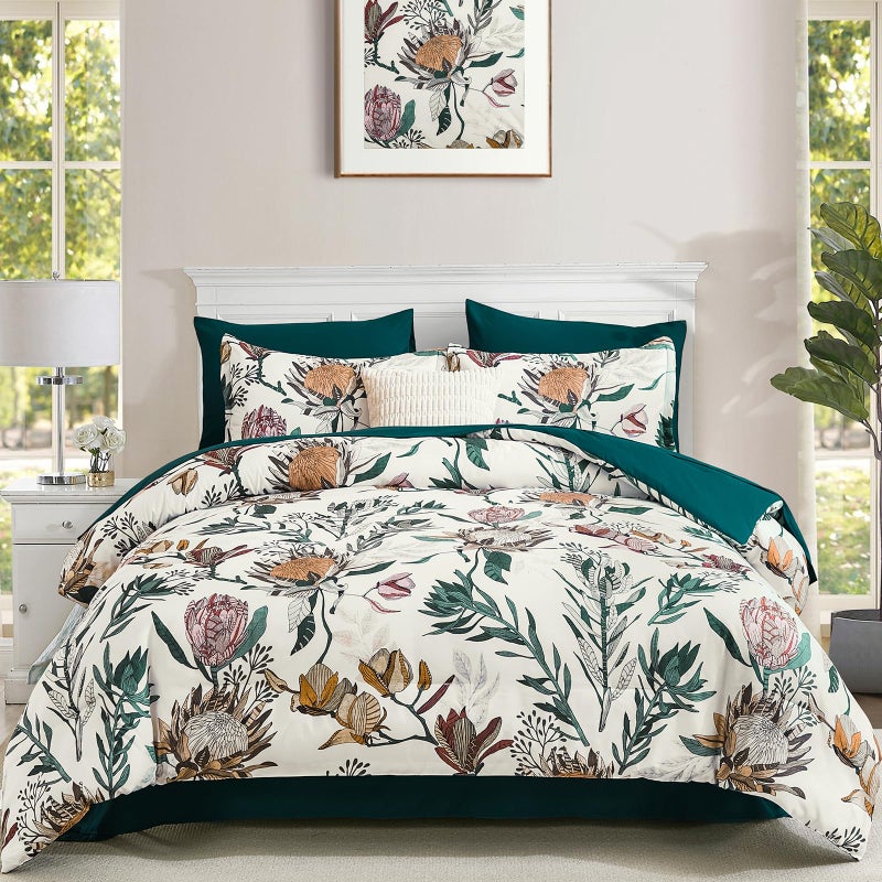 Luxudecor Floral Comforter Set Queen Bed in a Bag Set,7 Pieces Beige Floral Comforter and Sheet Set,Soft Microfiber Bedding Sets for All Seasons (Beige,90"X90") - Image 1