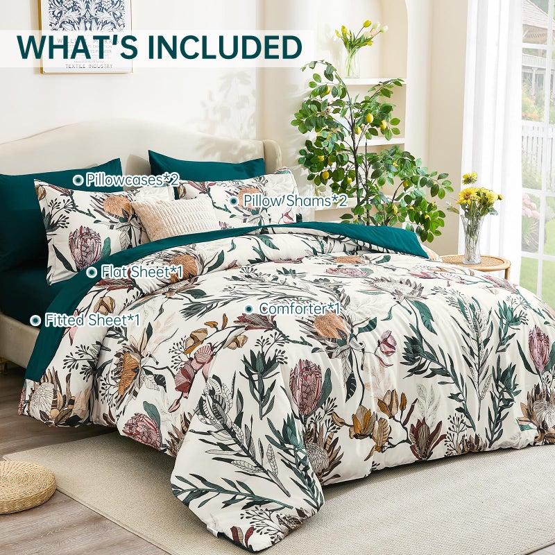 Luxudecor Floral Comforter Set Queen Bed in a Bag Set,7 Pieces Beige Floral Comforter and Sheet Set,Soft Microfiber Bedding Sets for All Seasons (Beige,90"X90") - Image 2